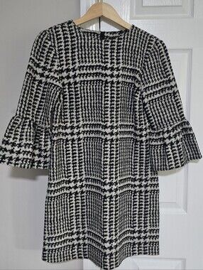 Zara Black & White Plaid Bell-Sleeve Shift Dress